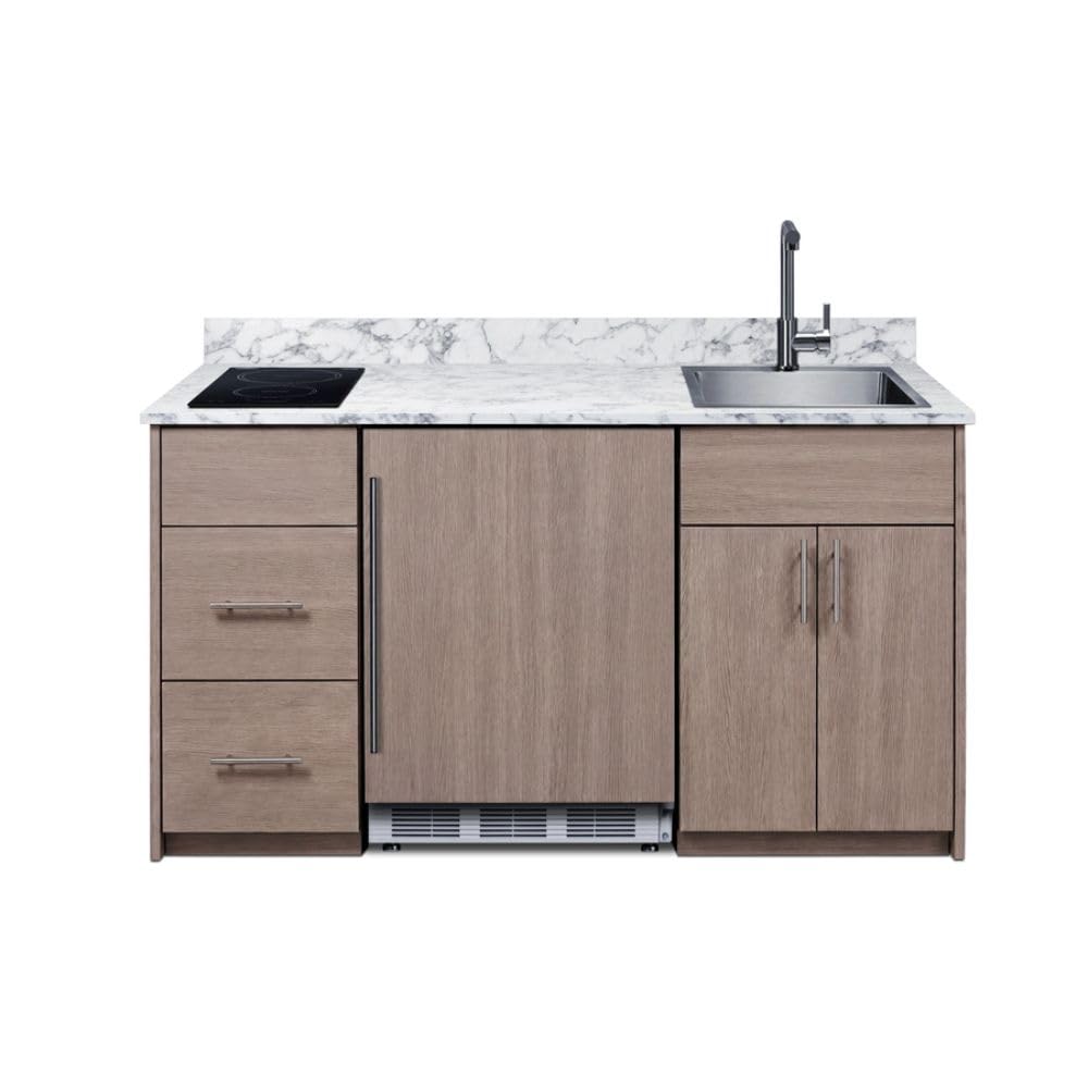Summit All in One Kitchenette, with Induction Cooktop, Refrigerator Freezer, Sink, and Storage, Energy Star, ADA Compliant, Standalone Kitchen, Brown- CALDERADB33I