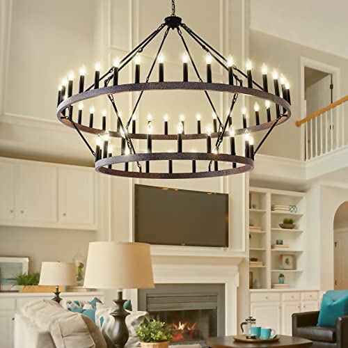 Sarudiir 60 Inch Extra Large Farmhouse Wagon Wheel Chandelier, 2 Tier 54-Light Rustic Round Hanging Light Fixture For High Ceilings Dining Room, Living Room, Foyer, Entryway, Rust Color And Black #TOP1