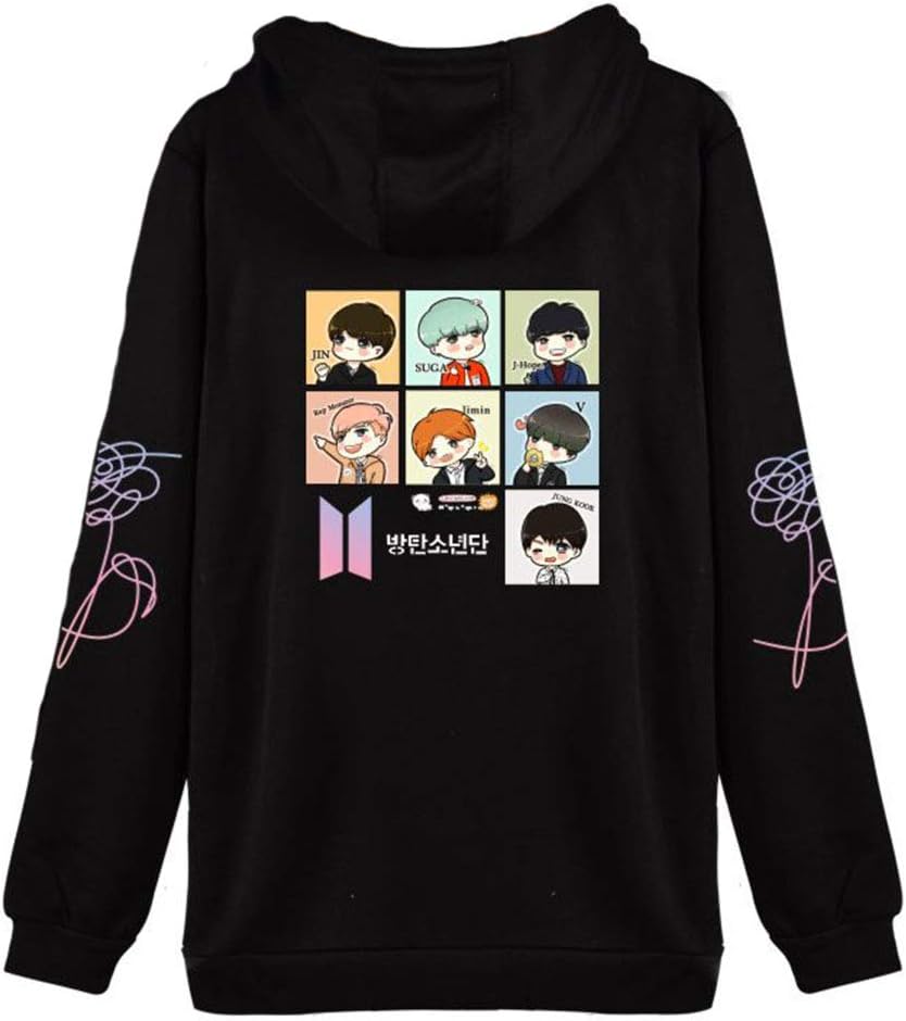 FridayLead Kpop Unisex 2018Q cartoon cute zip Hoodie V Rap-Monster Suga Jin JIMIN J-Hope Jung Kook Zip-up Jacket Black