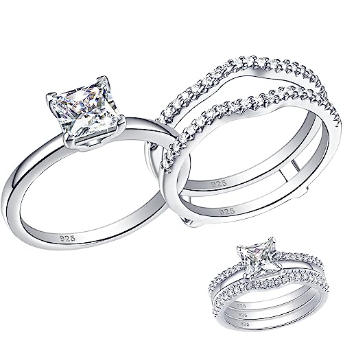 SHELOVES Solitaire Princess CZ Engagement Rings Set for Women Wedding Rings Enhancers band 925 Sterling Silver 4-13