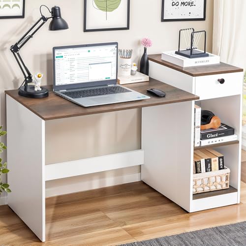 Image of ABOUT SPACE Study Table with Drawer - Computer Table with Bottom Storage Space DIY Engineered Wood Office Desk with 2 Adjustable Shelves for PC Laptop Gaming (White, Walnut - L 123 x B 45 x H 89 cm)