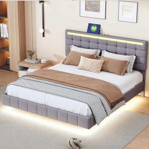 RIAZOS Polsterbett Schwebebett 160 x 200 cm, Doppelbett mit LED USB, Bettgestell mit Höhenverstellbares Kopfteil, Jugendbett Erwachsenenbett, Leinen, Grau, ohne Matratze