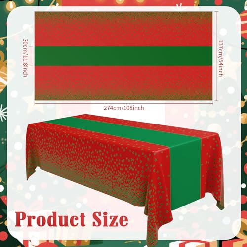Image of Oudain 6 Pcs Red and Green Tablecloth for Parties Plastic Dot Tablecloths Printed Table Runner Waterproof Disposable Rectangle Table Cover for Christmas Birthday Wedding Party, 54 inch x 108 inch