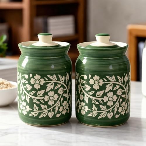 Image of Green Floral Ceramic Handglazed Pickle Jars Set of 2-1000 ML Each | 1 kg Achaar Martban Barni Jar with Lid | Ceramic Storage Jar Container Pickle, Chatney