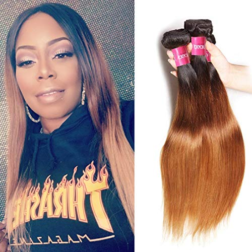 Sunber Ombre Brazilian Straight Virgin Hair 3 Bundles 10A 100% Unprocessed Remy Human Hair Bundles Weave #1b/4/27 100g/pc Mixed Length (16 18 20inch, 1b/4/27)