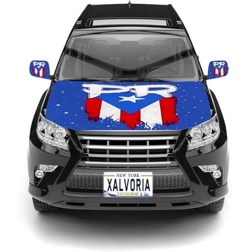Xalvoria PR Letters & Starry Design Puerto Rico Flag Car Hood & Mirror Covers Set – 4x5.25 ft Stretchable Fit, Windproof, Fade-Resistant, Ideal for Cars, Trucks & SUVs