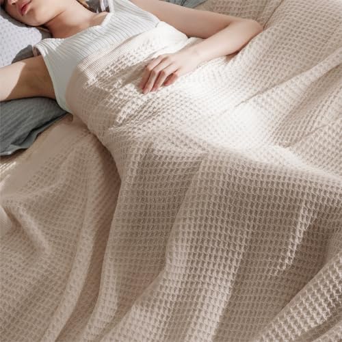 Image of Bedsure 100% Cotton Big Oversized King Blanket, Waffle Weave, Beige