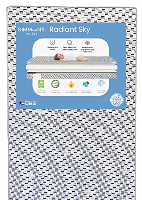 Simmons Kids Radiant Sky Dual Sided Baby Crib Mattress and Toddler Mattress, Waterproof, GREENGUARD Gold and CertiPUR-US Certified, Firm Plant-Based Foam, 5 Year Warranty, Made in USA