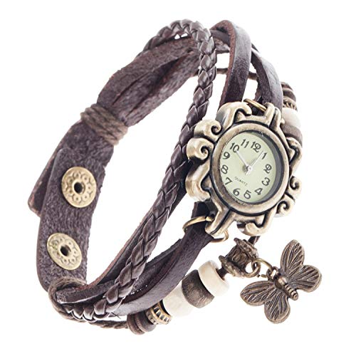 Fashionable Ladies Quartz Wrist Watch With Brown Wrap Around Leather Bracelet, Woven Weave Band, Retro Style Beads And Butterfly Charm In Bronze Colour By VAGA