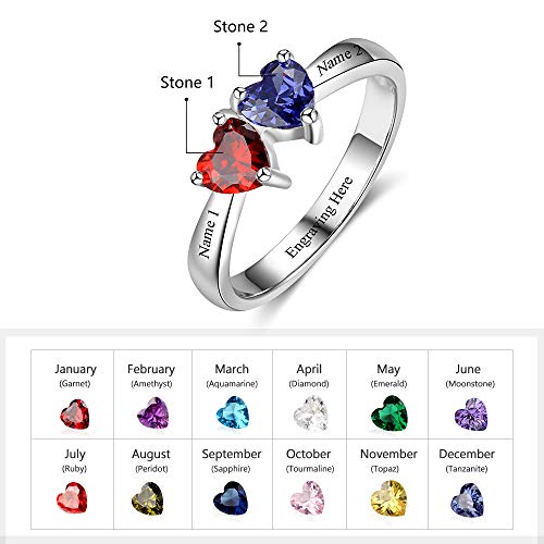 Love Jewelry Personalized Mothers Ring, Custom 2 Heart Simulated Birthstones Ring Engraved Names Engagement Rings Promise Rings for Women2