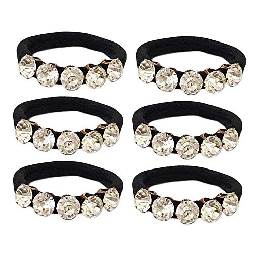 FAMEZABlack 5 Rhinestone Ponytail Holders Hair Elastic Rubber Bands Ties Accessories for Girls and Women - Pack of 6 Pieces