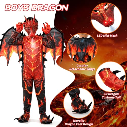 Kids Dragon Costume, Fire Dragon Halloween Costume with Mask, Wings & Tail - image 4