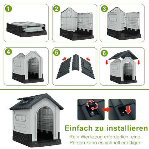 UISEBRT Hundehütte aus Kunststoff, isoliertes Hundehaus mit Schiebedach, Oberlicht und erhöhtem Boden, Hundezwinger Hundekäfig Haustierhaus für Drinnen und Draußen, 79,5 x 70,5 x 78 cm
