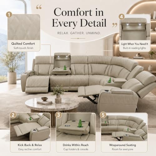 Image of Power Reclining Sectional Sofa Set, Modern Leather Sectional Couch Set, Living Room Furniture Sets Featuring LED Lights,Cup Holder,Storage,Home Theater Seating(Beige)