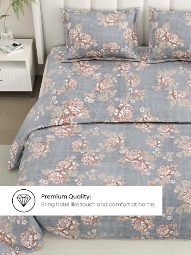 Image of Rivermoor 200 TC Ultrasoft Bedsheet for Double Bed | Queen Size Bed Sheet with 2 Pillow Covers | Grey Floral Print | 88 x 96 Inches | Breathable & Hypoallergenic