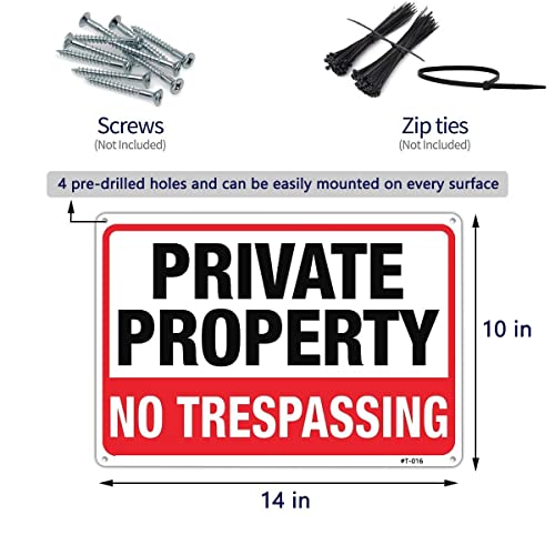 Image of Large No Trespassing Signs Private Property, 10x14 Inch Aluminum, 4 Pack | Rust-free aluminum with UV print; weatherproof for yard, fences, gates, farms, driveways, and home entrances