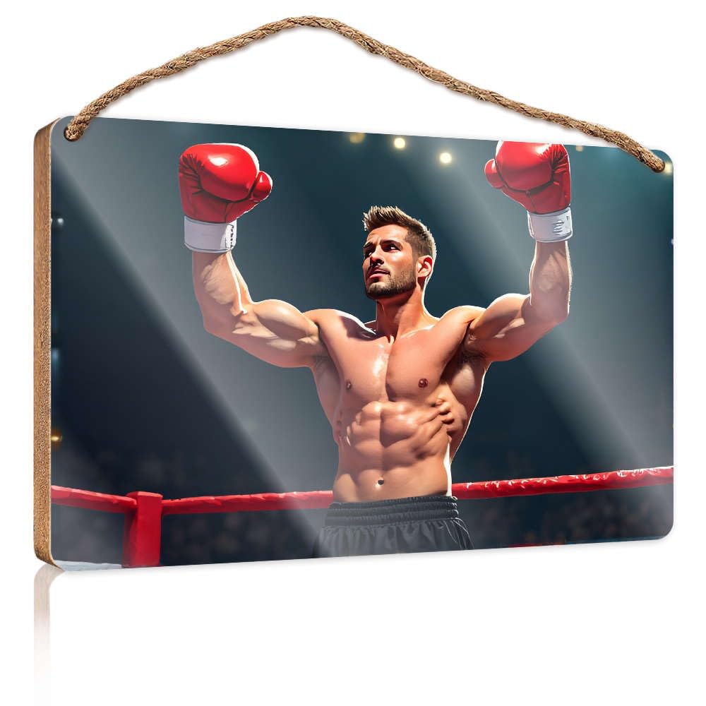 Home Hanging Sign Boxer Celebrating Victory In The Ring. Small Wooden Signs With Sayings Funky Home Decor(23X35CM)