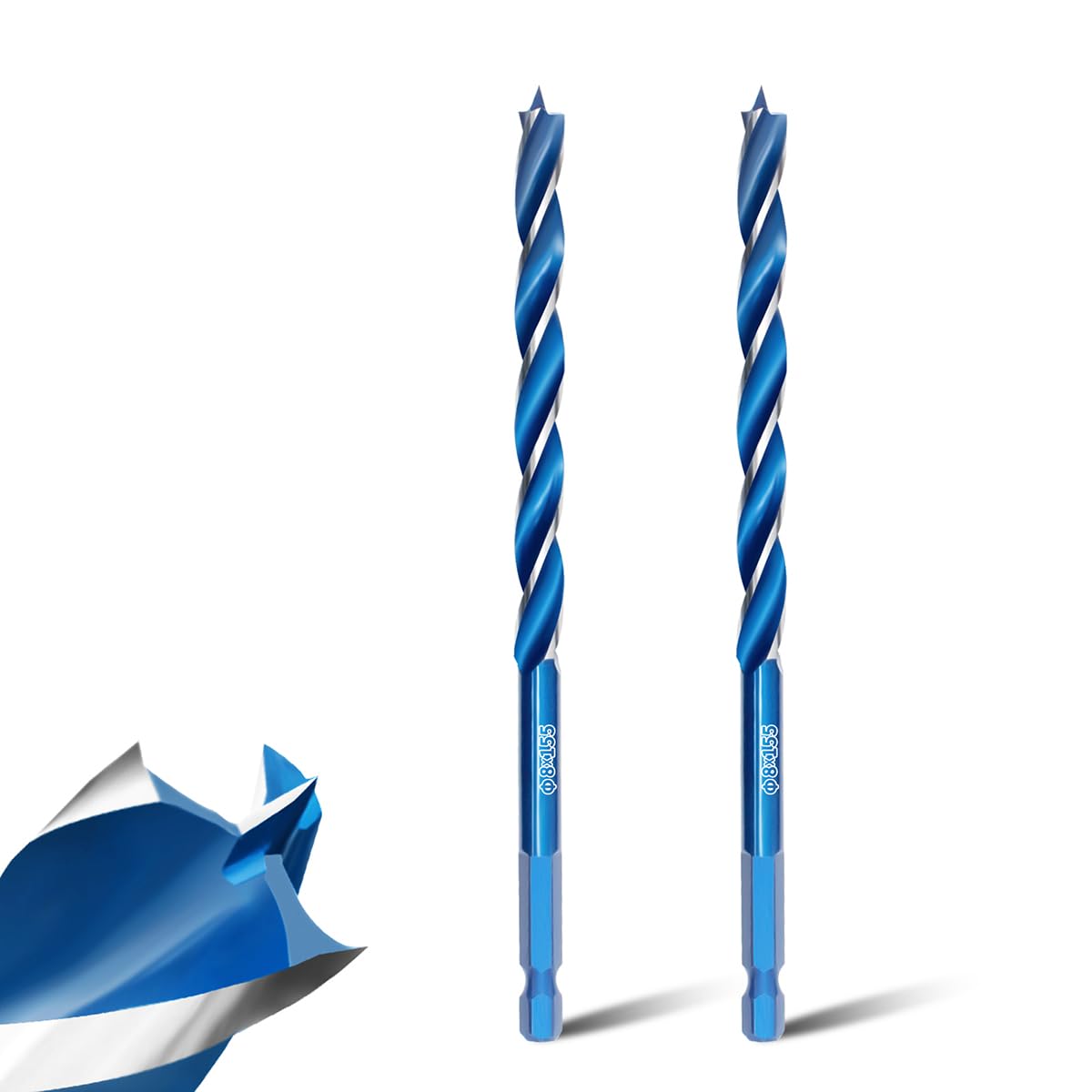 Teronbeta Wood Drill Bit 8mm x 155mm x 2pcs Professional 1/4 Inch Hex Shank Brad Point Auger Drill Bits for Wood