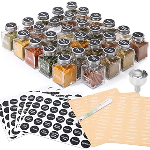 MIUKAA 49-Pack Cube Glass Spice Jars with 372 Labels, 49 Shakers, Lids, 4.5 oz Empty Square Spice Bottle, Reusable Clear Kitchen Spice Storage Containers Cover