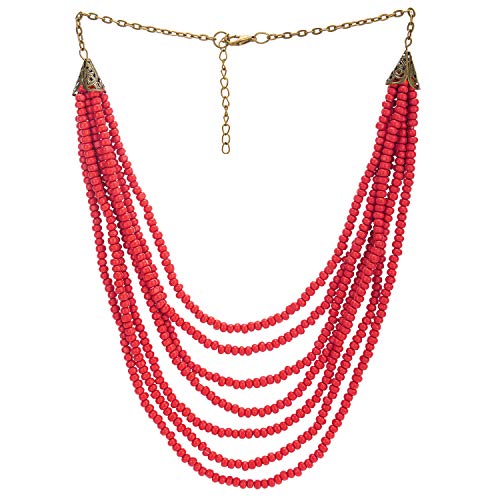 3)Peso totale: 24g COOLSTEELANDBEYOND Scintillante Statement Pendente Multi-Fila Rosso Legno Perlina Fascino con Charms Collana, Abito da Sera Boho Etnico