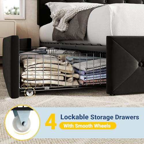 Image of Allewie Upholstered Queen Size Platform Bed Frame with 4 Storage Drawers and Adjustable Headboard, Diamond Button Tufted, Wooden Slats Support, Noise-Free, No Box Spring Needed, Easy Assembly, Black