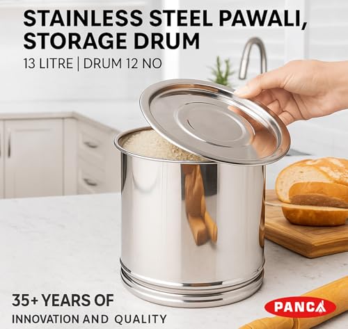 Image of PANCA Stainless Steel Pawali Storage Drum | 13 Litre Capacity (Size 12) | Durable Food-Grade Steel Drum for Kitchen Storage | Ideal for Rice, Atta, Flour, Grains & Water | (Silver)