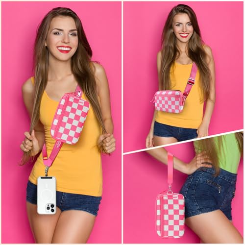 Image of YFWE Clip and Go Strap for Phone with Wallet Crossbody, Adjustable Phone Lanyard with Detachable RFID Wristlet Wallet, Phone Strap with Phone Tabs for All Phones, Pink Checkered (L)