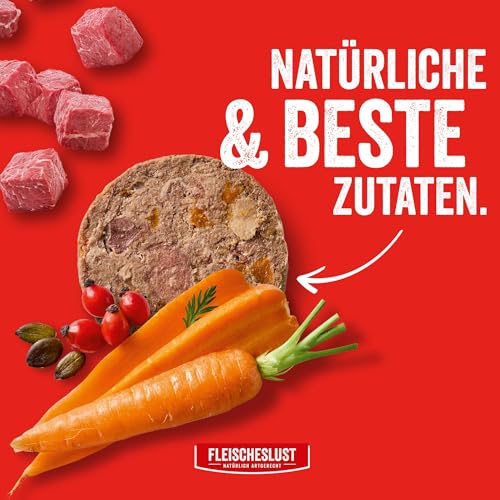 Fleischeslust Hundewurst | Zartes Rind mit Karotte, Hagebutte & Kürbiskernen | Futterbox (6x800g) | Nassfutter | schnittfest | getreidefrei | Alleinfuttermittel für ausgewachsene Hunde