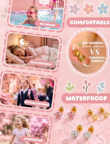 Image of CASSIECA 16 Pairs Hypoallergenic Screw Back Earrings for Women Girls 316L Stainless Steel CZ Ball Heart Flower Screwback Flat Back Stud Earrings Jewelry Gift Women Multicolored Pink