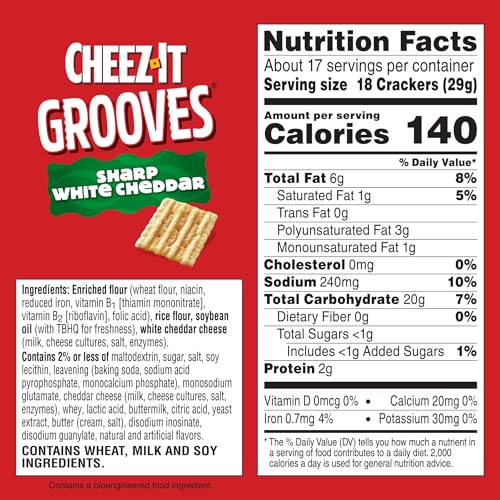 Image of Cheez-It Grooves Crunchy Cheese Crackers, Snack Crackers, Lunch Snacks, Family Size, Sharp White Cheddar, 17oz Box (1 Box)