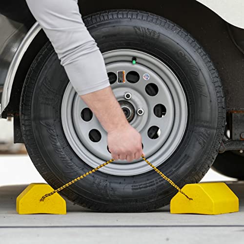 Image of Buyers Products WC9642Y Yellow Small Wheel Chock Set, Lightweight Composite Construction, 32.75 Inch Rope, Ideal for Vehicle Maintenance and Storage, Aviation and Tractors