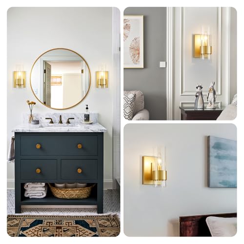 Image of WUZUPS Set of 2 1-Light Bathroom Wall Light Fixture Over Mirror Flat Class Shade Morden Vanity Scones for Bathroom Bedroom Living Room, E12 Base, Gold