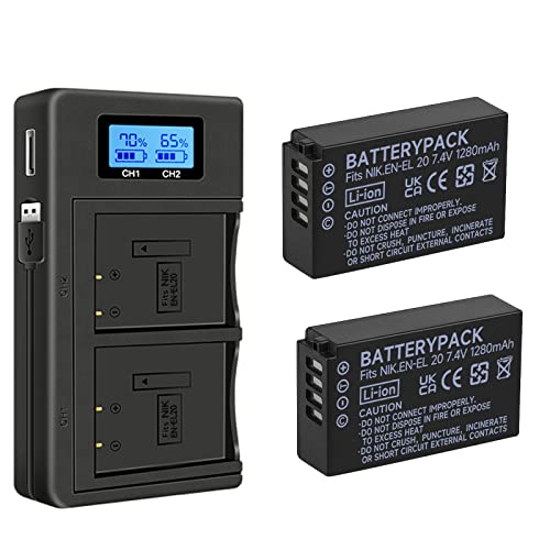 Baterías EN-EL20a y cargador LCD para evitar cortes de energía en cámaras Nikon Coolpix y AW1