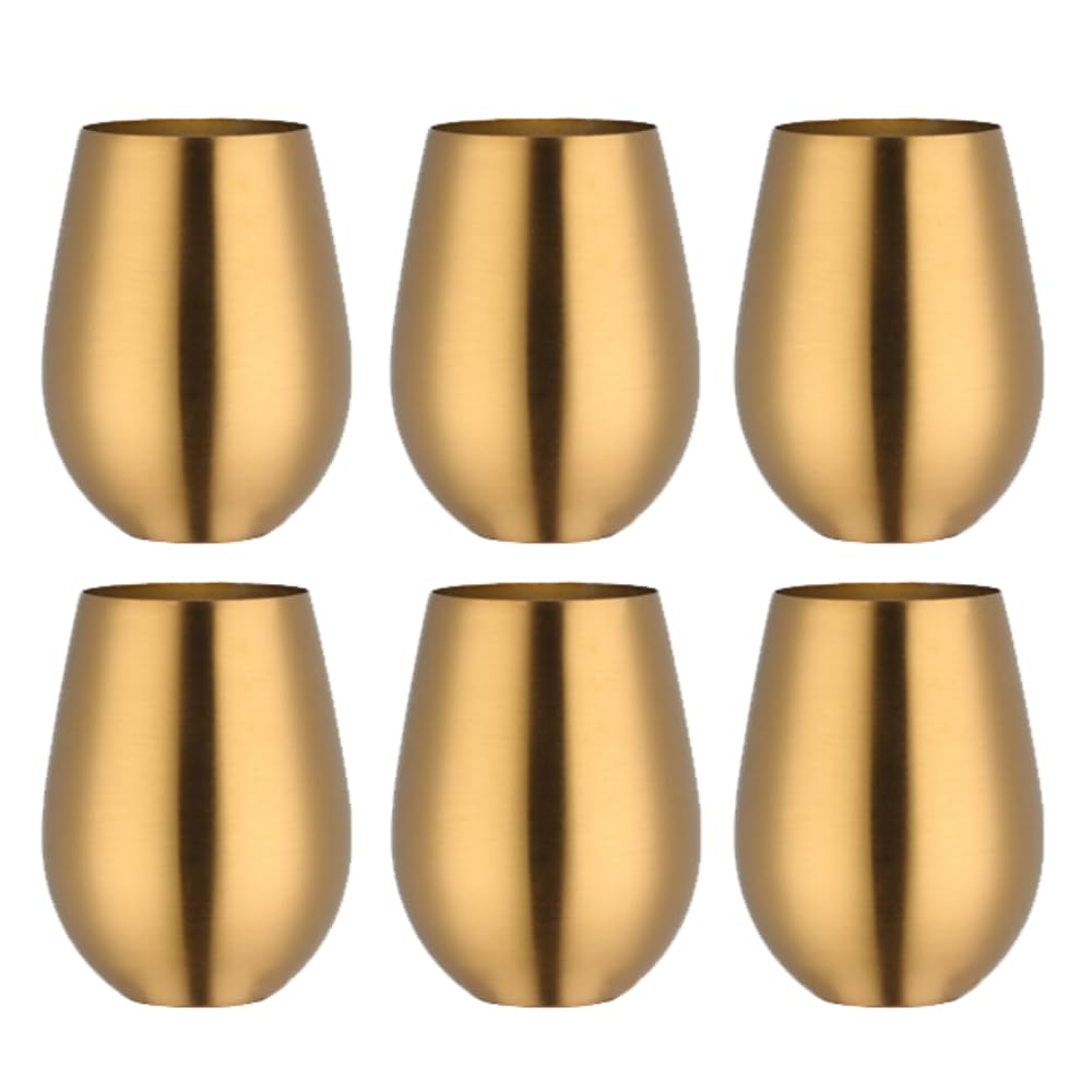 Weinglas aus Edelstahl, ohne Stiel, unzerbrechlich, tragbar, für den Pool, Camping, Kochen, Reisen, Set mit 6 Metall-Trinkbechern, Vatertag, Oktoberfest (Gold)