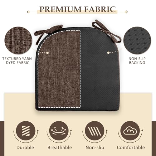 Image of Wellsin Chair Cushions for Dining Chairs 6 Pack - Kitchen Chair Cushions with Ties and Non-Slip Backing - Dining Chair Pads 16 inchX16 inchX2 inch, Brown