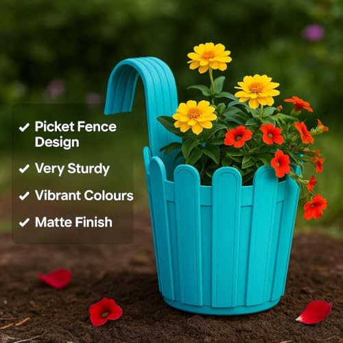 Image of Premium 6 inch Railing Planter with Hook - Durable Plastic Hanging Flower Pot for Balcony, Fence Design Gamla for Indoor /Outdoor Plants, Herbs & Creepers (3, Blue)