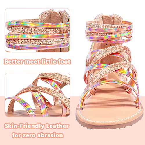 shoeslocker Girls Gladiator Sandals Summer Flat Open Toe Shimmer Shoes Strap Ankle Sandals with Back Zipper for Little Kids Big Kids3
