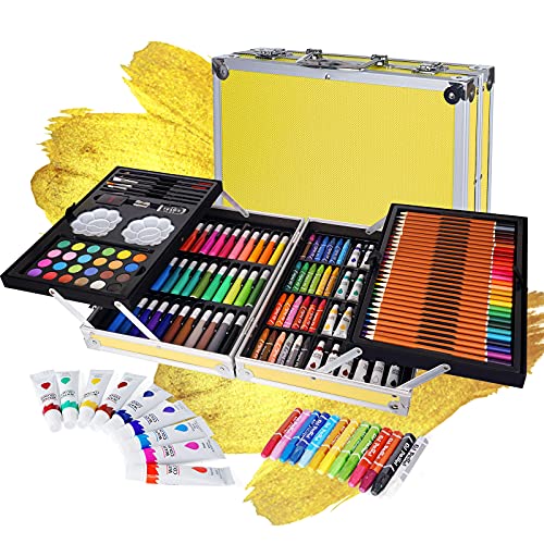 Holzsammlung Kit de Dessin 145 Pièces Malette Dessin Inclus Aquarelle Peinture Acryliques Crayons de Couleur et Materiel Dessin, Malette de Coloriage Artiste Outil de Dessin Cadeaux Cover