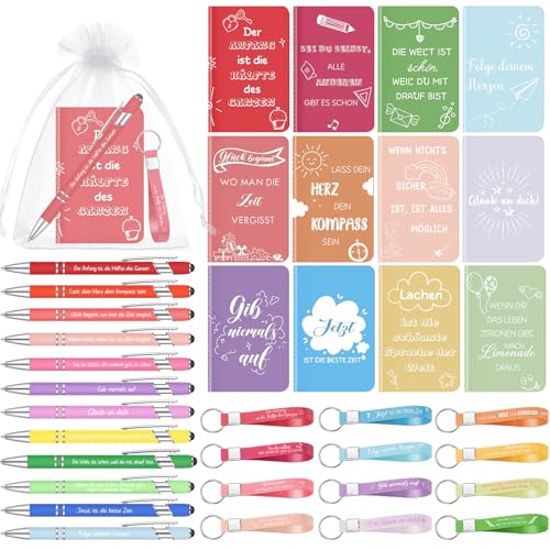 Tenare 12 Sets Kleine Geschenke für Kollegen Team 12 Notizblöcke mit Sprüchen 12 Motivation Kugelschreiber 12 Inspirierende Schlüsselanhänger Silikon 12 Organzabeutel Dankeschön Geschenke Abschied
