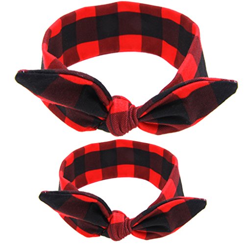 Baby and Mom Parent-child Girl Red Plaid Elastic Hair Hoops Rabbit Ear Bow Turban Headband