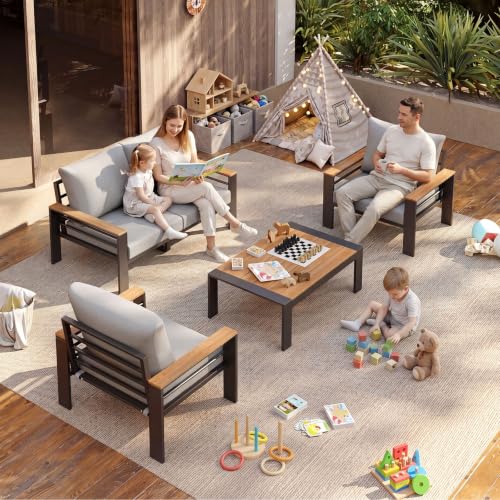 Image of Aoxun Patio Furniture Set, 4 Piece Aluminum Patio Sets with 5 inch Thicken & Washable Cushion, Waterproof Outdoor Furniture with Coffee Table, Outdoor Couch Sectional for Backyard, Porch and Garden