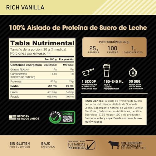 Image of Optimum Nutrition Gold Standard 100% Isolate, Protein Powder, Rich Vanilla, 2.91 Pounds, 44 Servings. Whey Protein Isolate (Packaging May Vary)