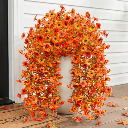 Image of Bassion Artificial Mums for Outdoor, 2 Pcs Fake Fall Hanging Flower, Orange | UV resistant, silk, realistic faux fall flowers for outside planters garden yard patio balcony front door porch home decor