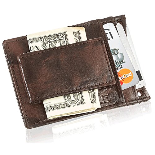 Suvelle Mens Leather Thin Slim Magnetic Money Clip Wallet, Front Pocket Wallet with Detachable Neck Strap W019