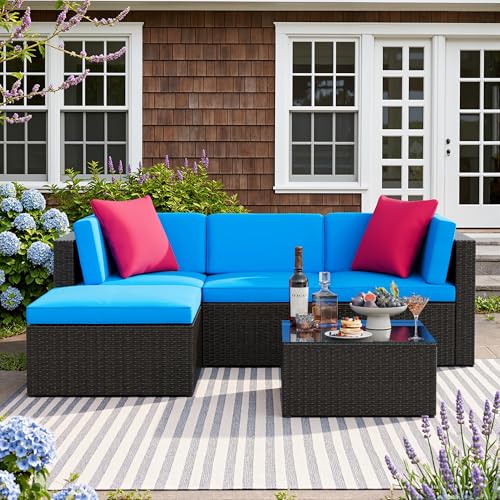 Devoko 5 Pieces Patio Furniture Sets All Weather Outdoor Sectional Patio Sofa Manual Weaving Wicker Rattan Patio Seating Sofas with Cushion and Glass Table (Blue)
