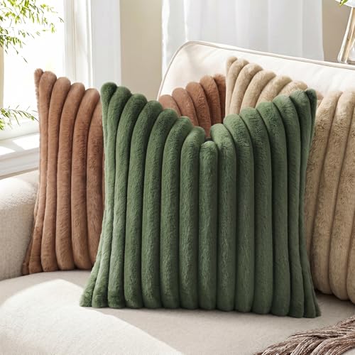 Image of Pallene Faux Fur Plush Throw Pillow Covers 22x22 Set of 2, Luxury Soft Fluffy Striped Decorative Pillow Covers for Sofa, Couch, Living Room, Olive Green