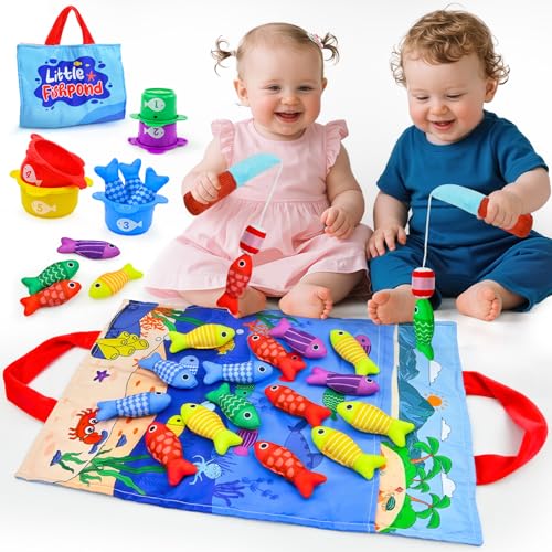 Montessori Toys for 1+ Year Old 23 PCS Fishing Game Toys with 2 Poles & 15 Fish 10-in-1 Cloth Fishing Toys for Counting Color & Shape Learning Easter Birthday Gifts for 1+ Year Old Boys Girls