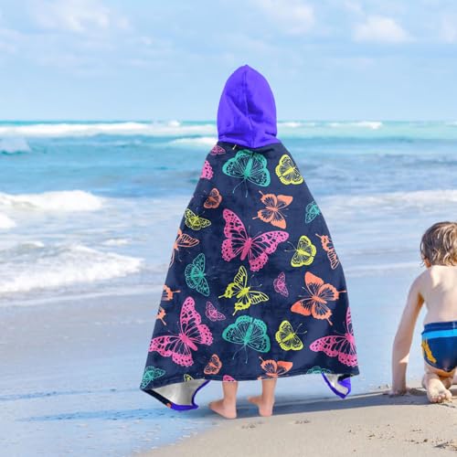 Image of Butterfly Print Girls Beach Towel with Hoodie for Kids Toddlers Age 4-8, Colorful Bath Towels Shower Wrap for Girls, Hooded Poncho Beach Blanket for Pool Swimming Cute Wearable Bath Towel for Child