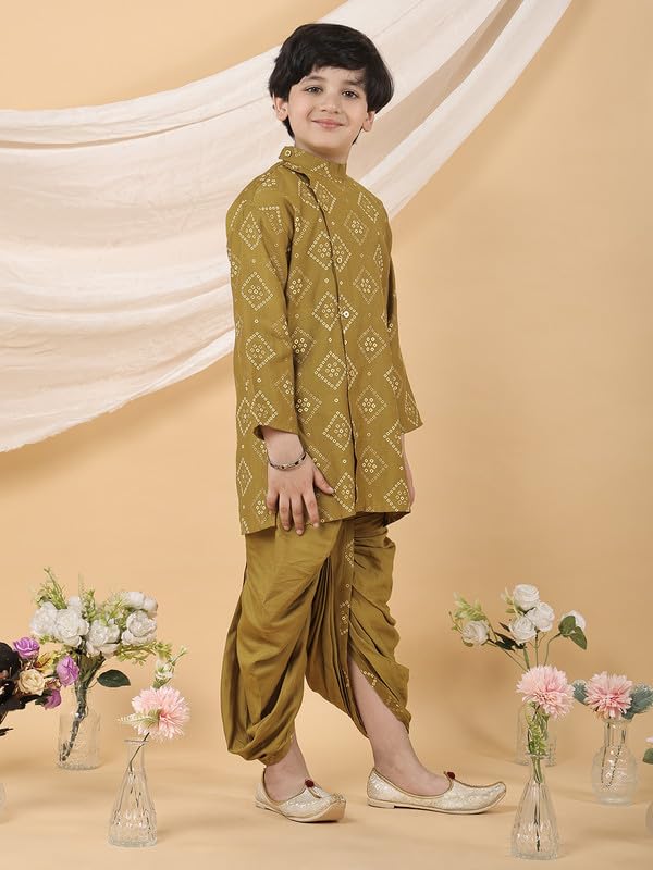 Image of superminis Boy's Golden Foil Printed Side Open Cotton Kurta, Round Collar, Full Sleeves Ethnic Wear Dhoti Kurta Set