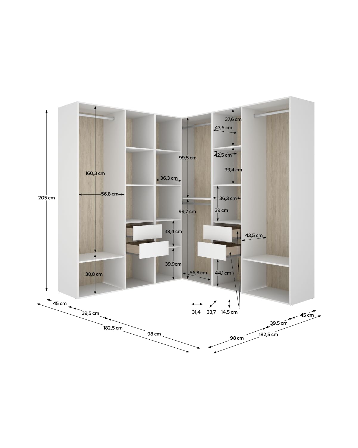 DEKIT Grupo RIMOBEL-Conjunto Armario-VESTIDOR Rincon con Trasera Reversible